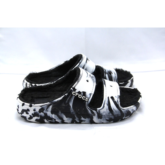 Crocs Fleece Lined Double Strap Sandals Men\'s Size 12 Black White Swirl Marble